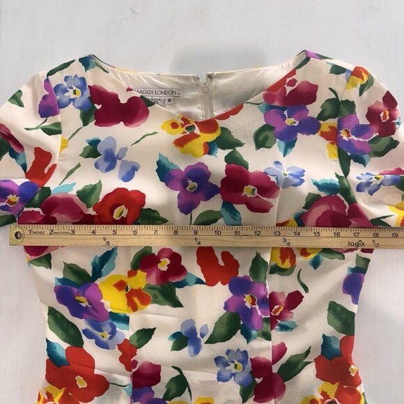 Vintage MAGGY LONDON Dress Size 6 100% Silk White Floral Sheath Colorful 50s - Picture 7 of 10